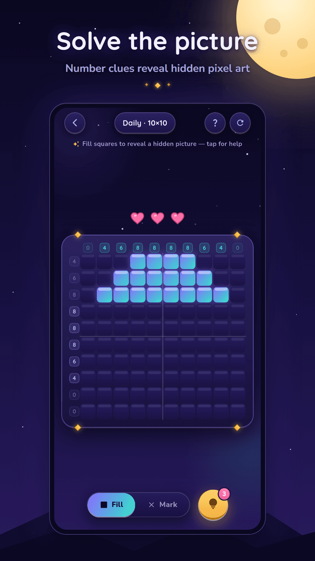 Pixelune nonogram puzzle board with number clues
